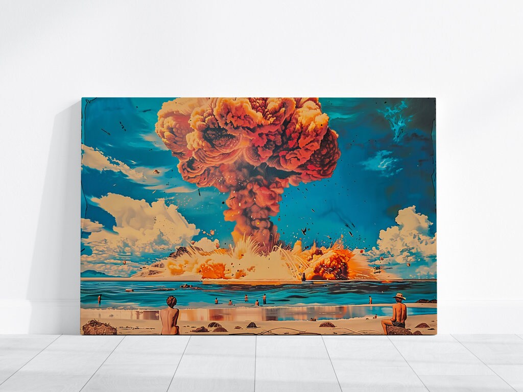 Dramatic Nuclear Explosion Mushroom Cloud Over Beach Interactive Wall Art