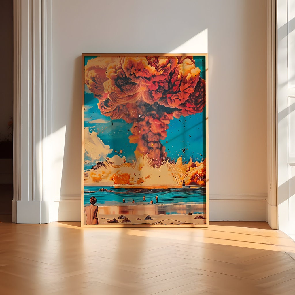 Dramatic Nuclear Explosion Mushroom Cloud Over Beach Interactive Wall Art