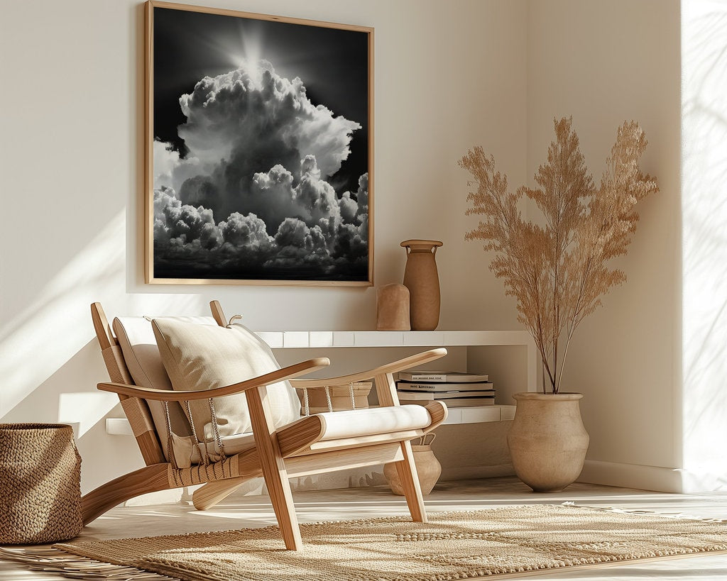 Sunlit Majesty Dramatic Clouds in Black and White Interactive Wall Art