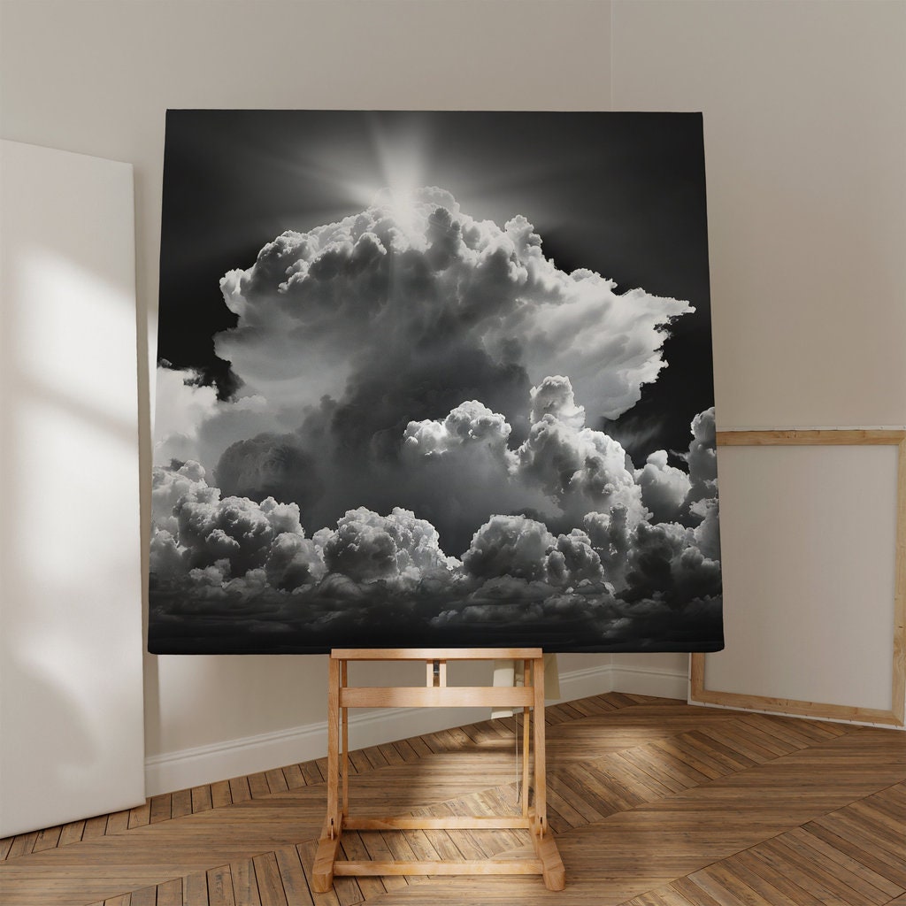 Sunlit Majesty Dramatic Clouds in Black and White Interactive Wall Art