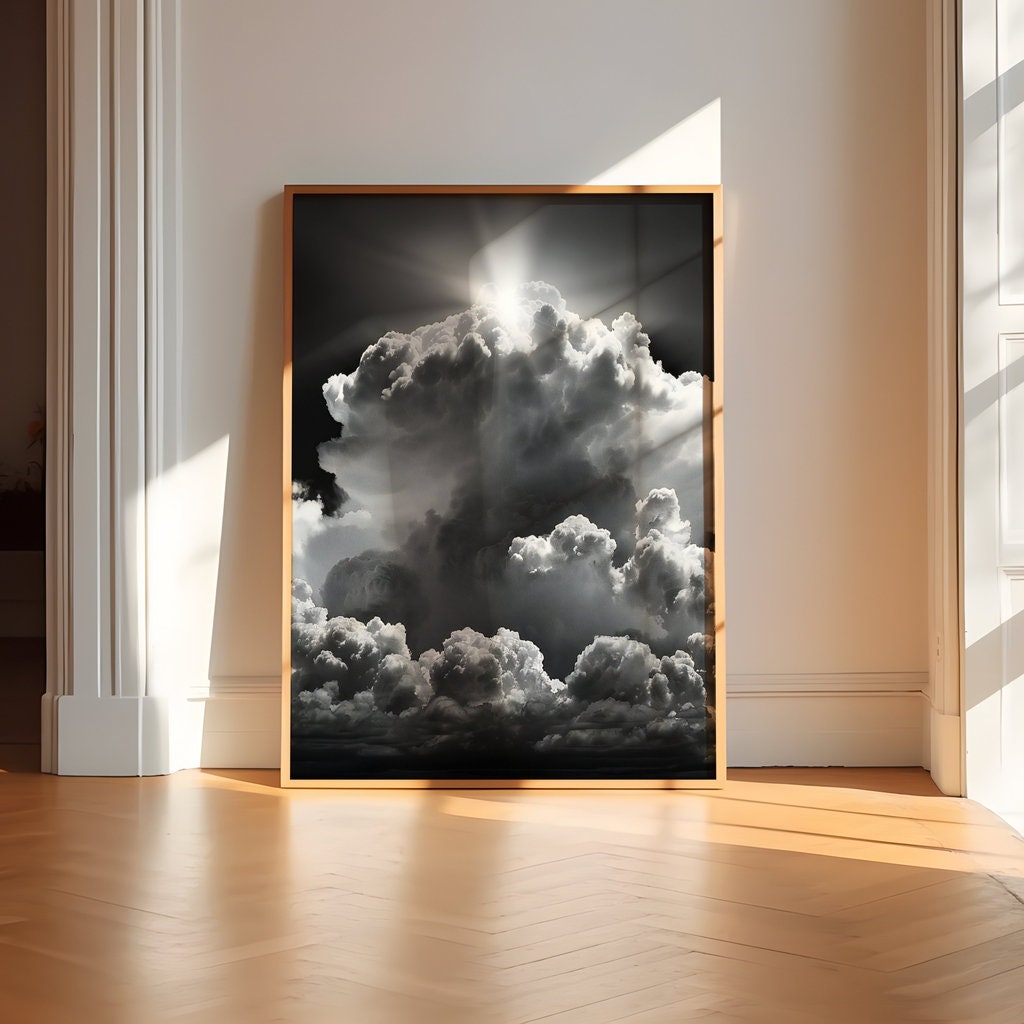 Sunlit Majesty Dramatic Clouds in Black and White Interactive Wall Art