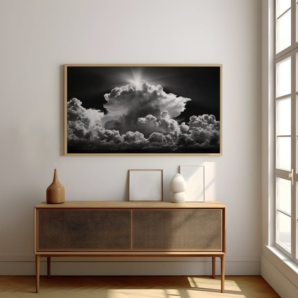 Sunlit Majesty Dramatic Clouds in Black and White Interactive Wall Art