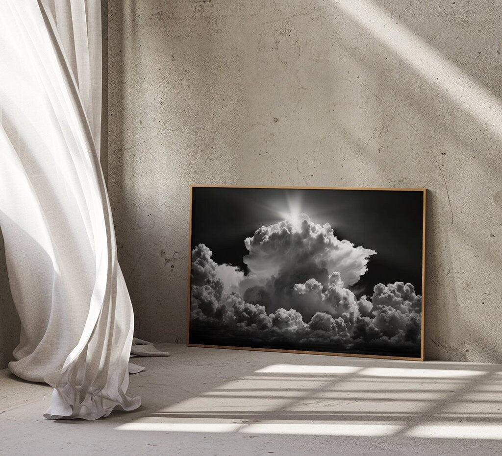 Sunlit Majesty Dramatic Clouds in Black and White Interactive Wall Art