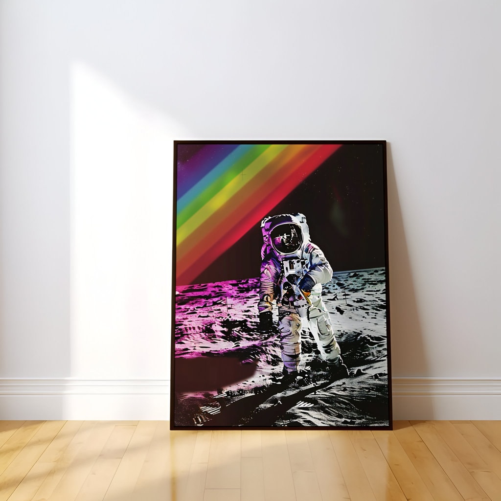 Lunar Spectrum Astronaut on the Moon with Rainbow Sky Interactive Wall Art