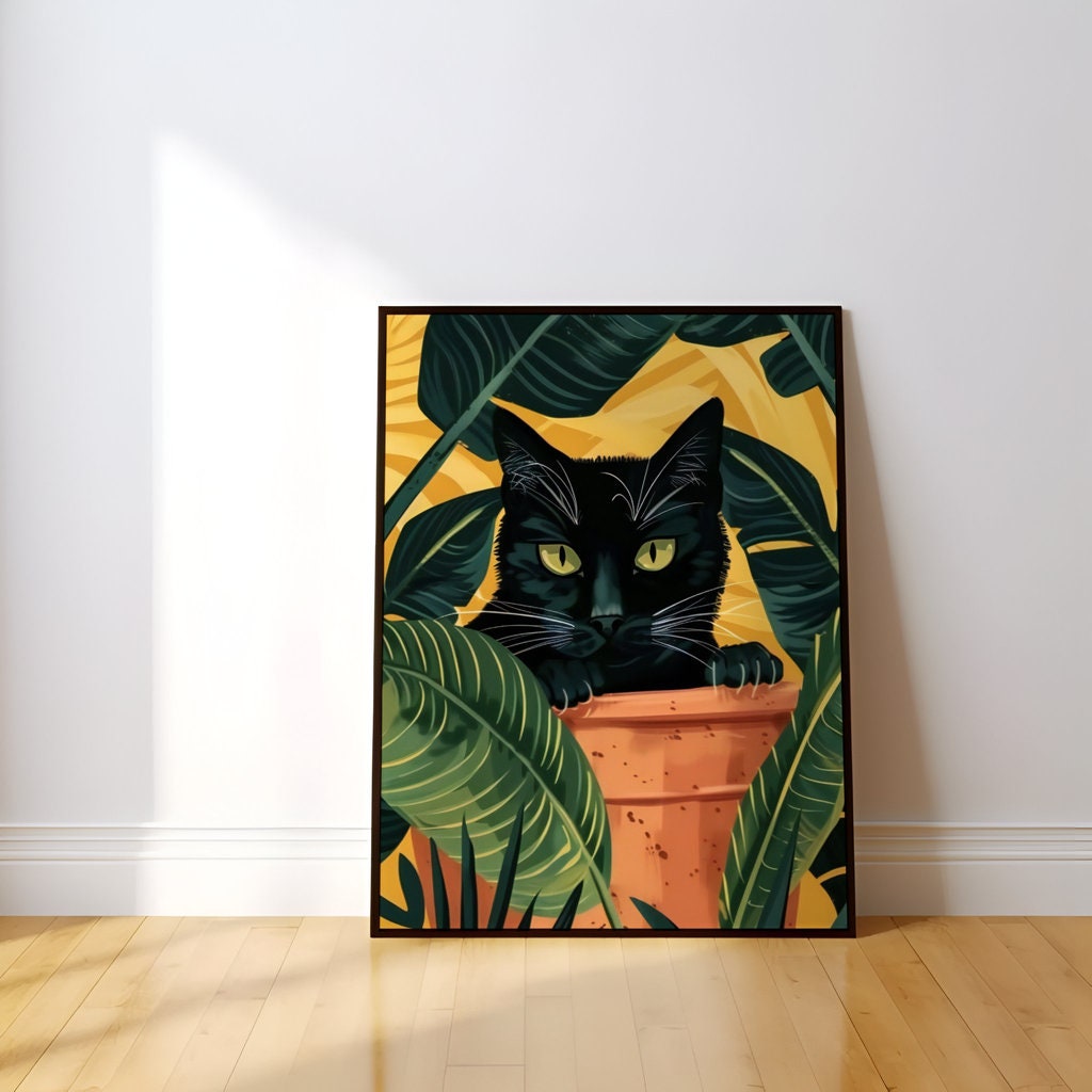 Tropical House Black Cat Peeking Through Lush Leaves Interactive Wall Art