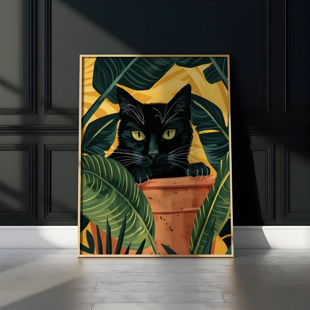 Tropical House Black Cat Peeking Through Lush Leaves Interactive Wall Art