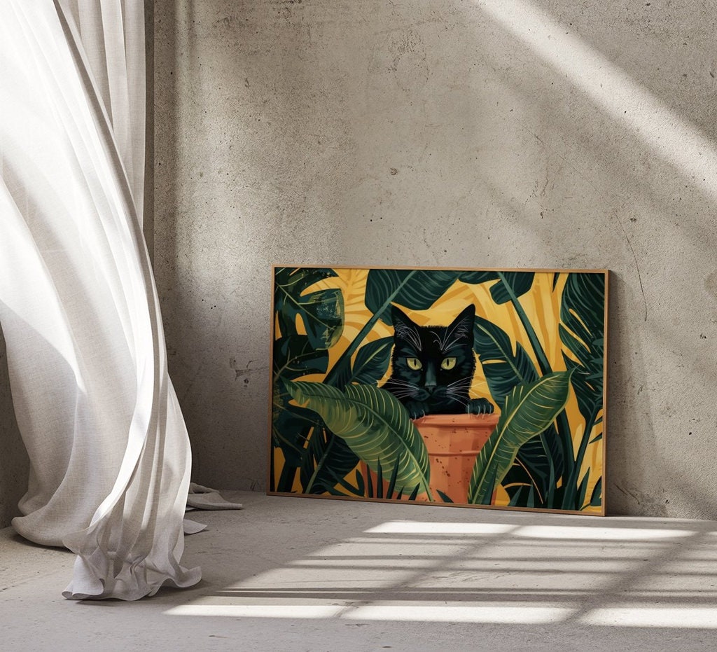 Tropical House Black Cat Peeking Through Lush Leaves Interactive Wall Art