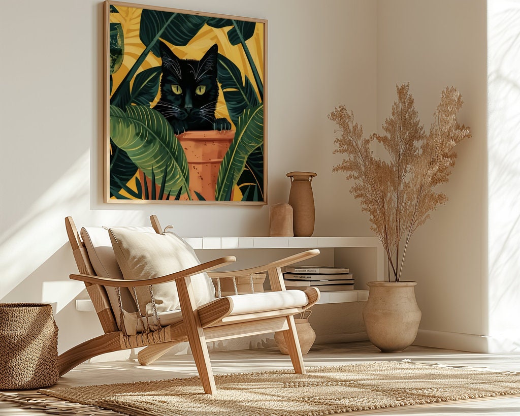 Tropical House Black Cat Peeking Through Lush Leaves Interactive Wall Art