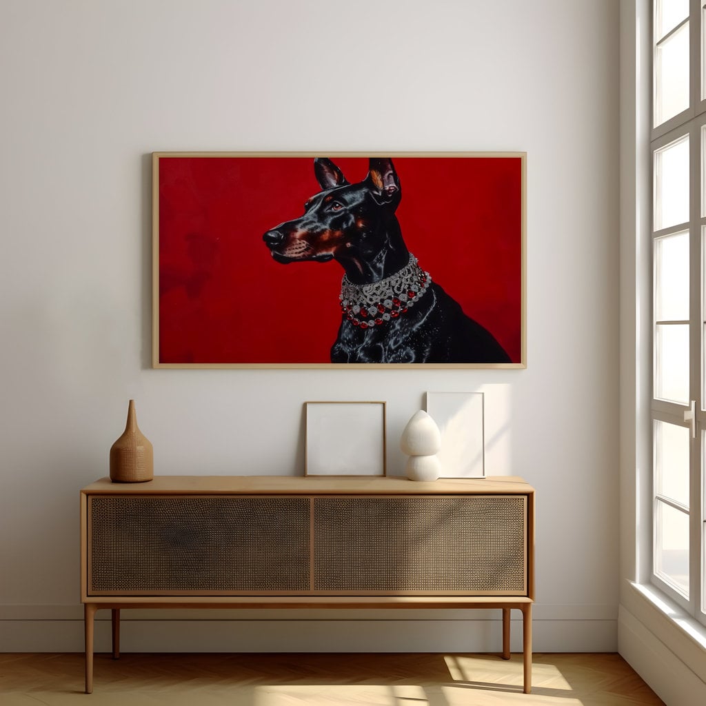 Regal Doberman Vibrant Portrait with Gemstone Collar Interactive Wall Art