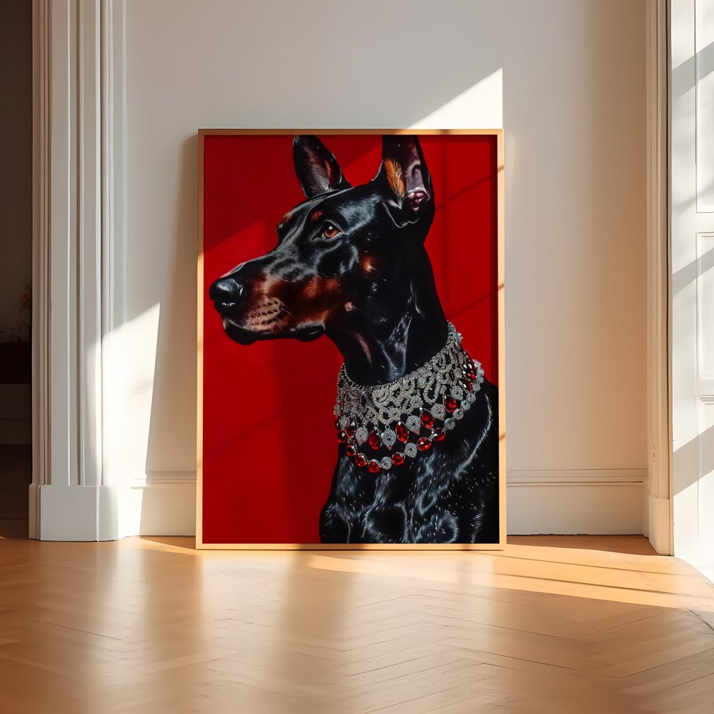 Regal Doberman Vibrant Portrait with Gemstone Collar Interactive Wall Art