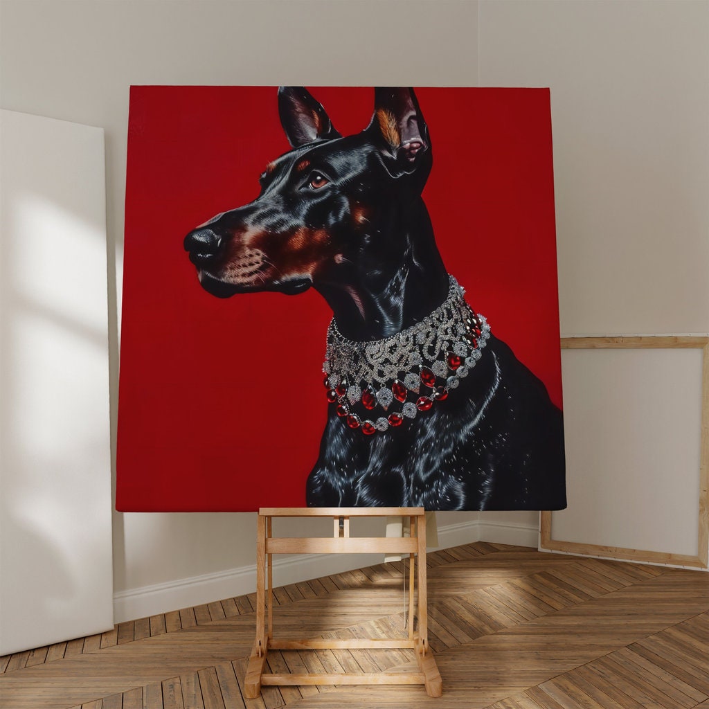 Regal Doberman Vibrant Portrait with Gemstone Collar Interactive Wall Art