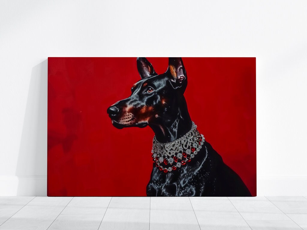 Regal Doberman Vibrant Portrait with Gemstone Collar Interactive Wall Art