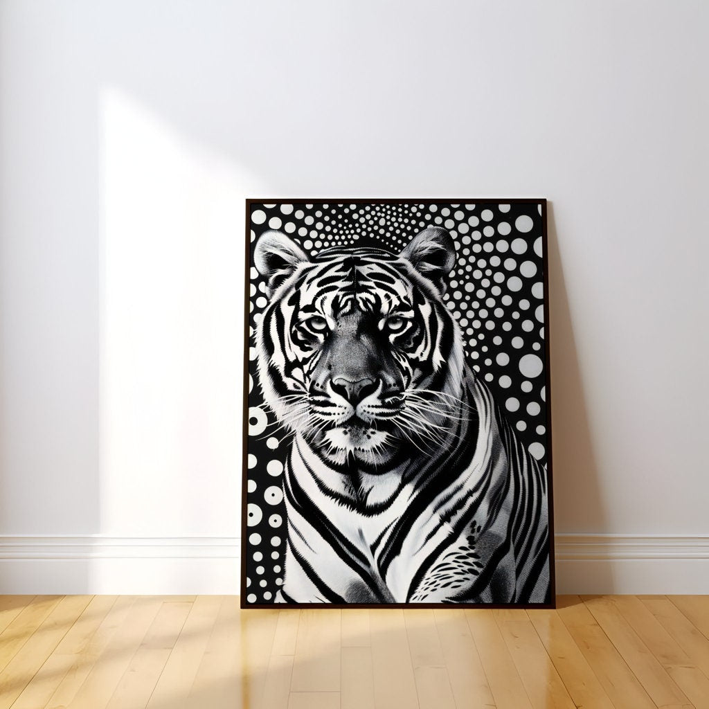 Tiger Gaze Intensity Against Abstract Polka Dots Interactive Wall Art