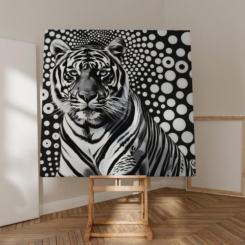 Tiger Gaze Intensity Against Abstract Polka Dots Interactive Wall Art