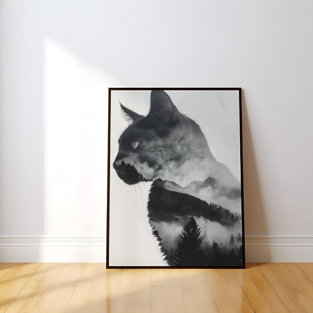 Mystical Fusion Cat's Face and Misty Mountains Interactive Wall Art