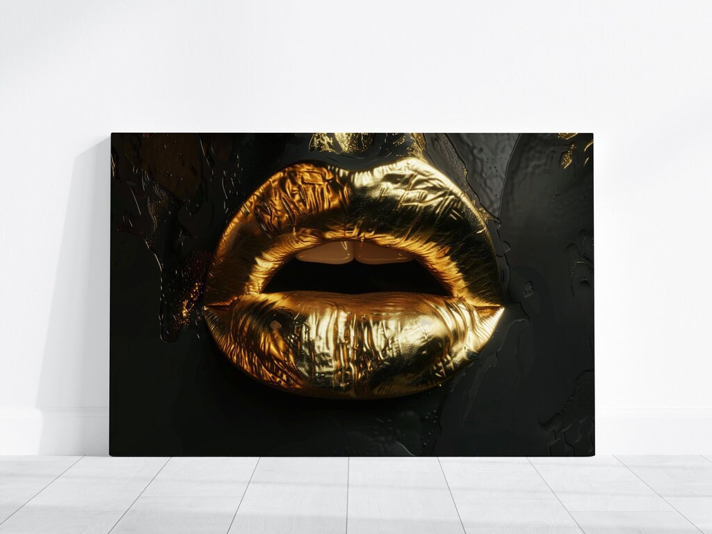 Metallic Whisper Gold Lips in Dramatic Contrast Interactive Wall Art