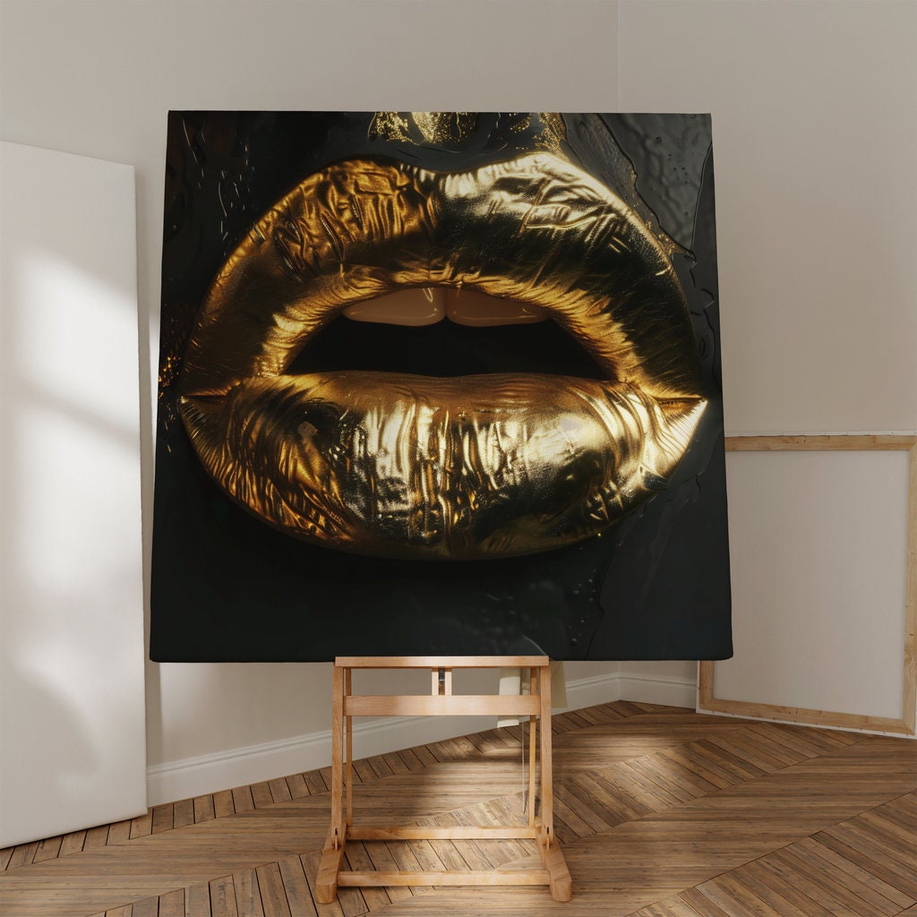 Metallic Whisper Gold Lips in Dramatic Contrast Interactive Wall Art