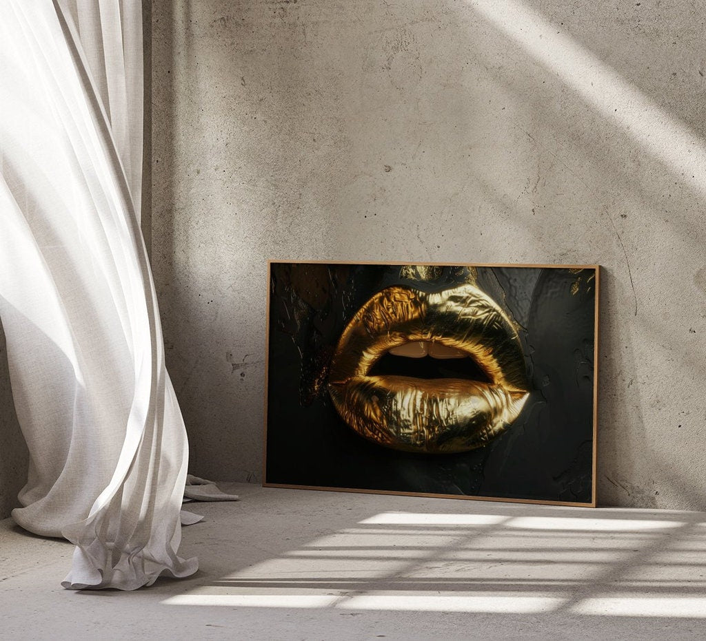 Metallic Whisper Gold Lips in Dramatic Contrast Interactive Wall Art