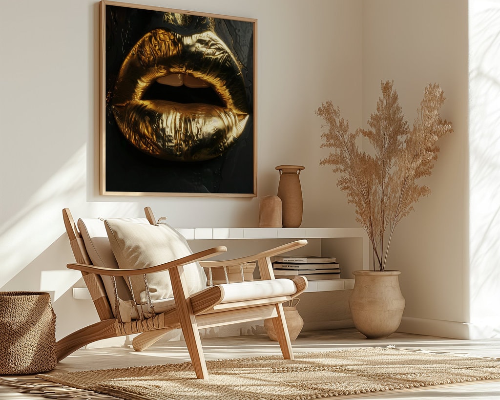 Metallic Whisper Gold Lips in Dramatic Contrast Interactive Wall Art