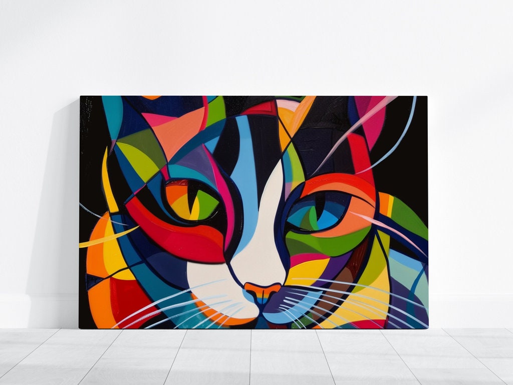 Cubist Cat Vibrant Geometric Abstraction Minimalist Interactive Wall Art