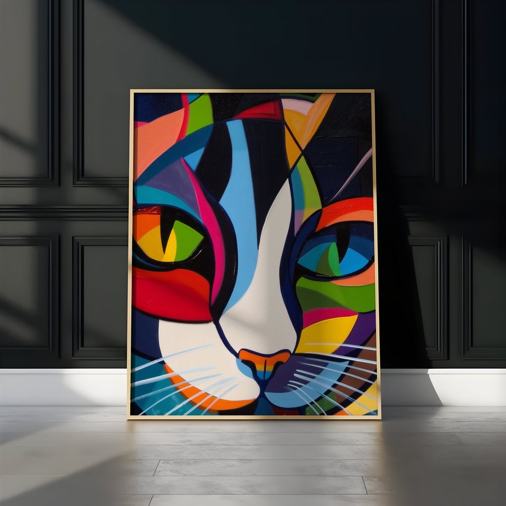 Cubist Cat Vibrant Geometric Abstraction Minimalist Interactive Wall Art