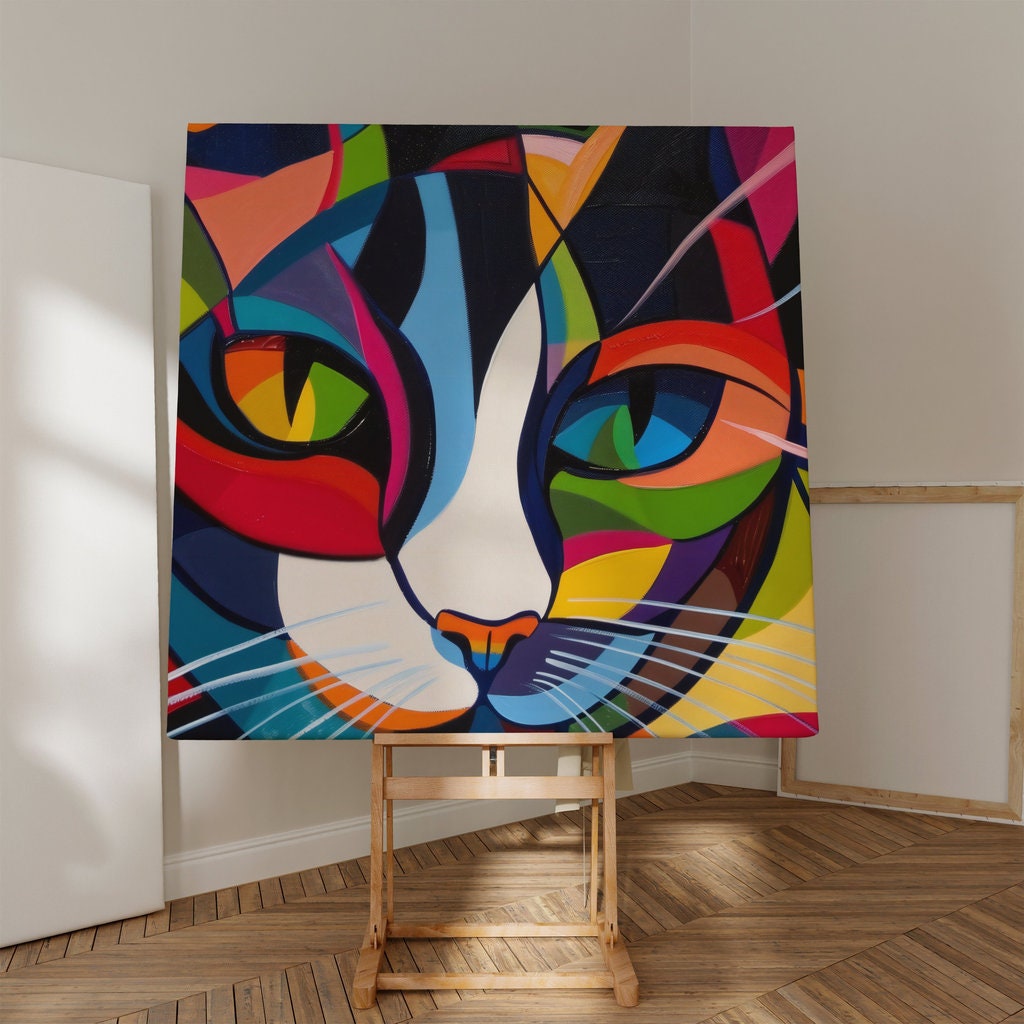 Cubist Cat Vibrant Geometric Abstraction Minimalist Interactive Wall Art