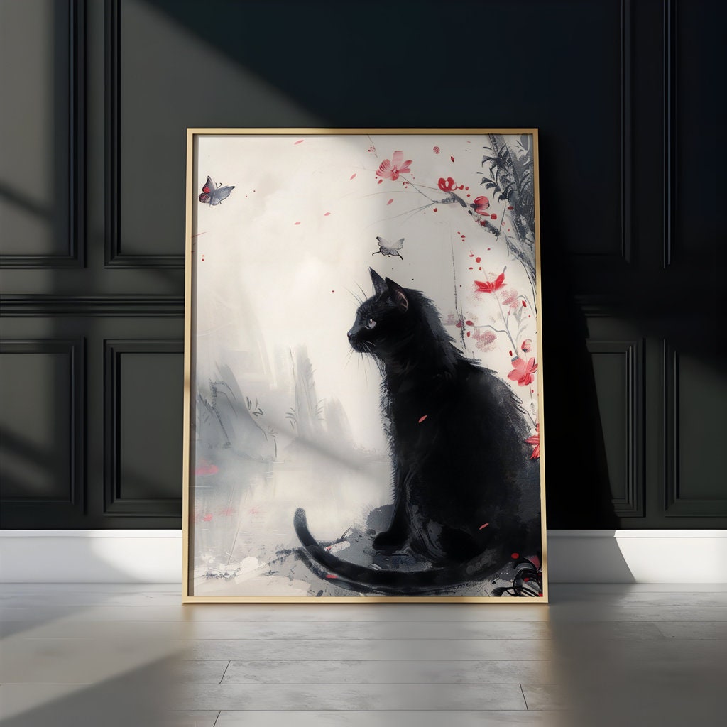 Mystical Garden Black Cat Among Misty Florals Interactive Wall Art