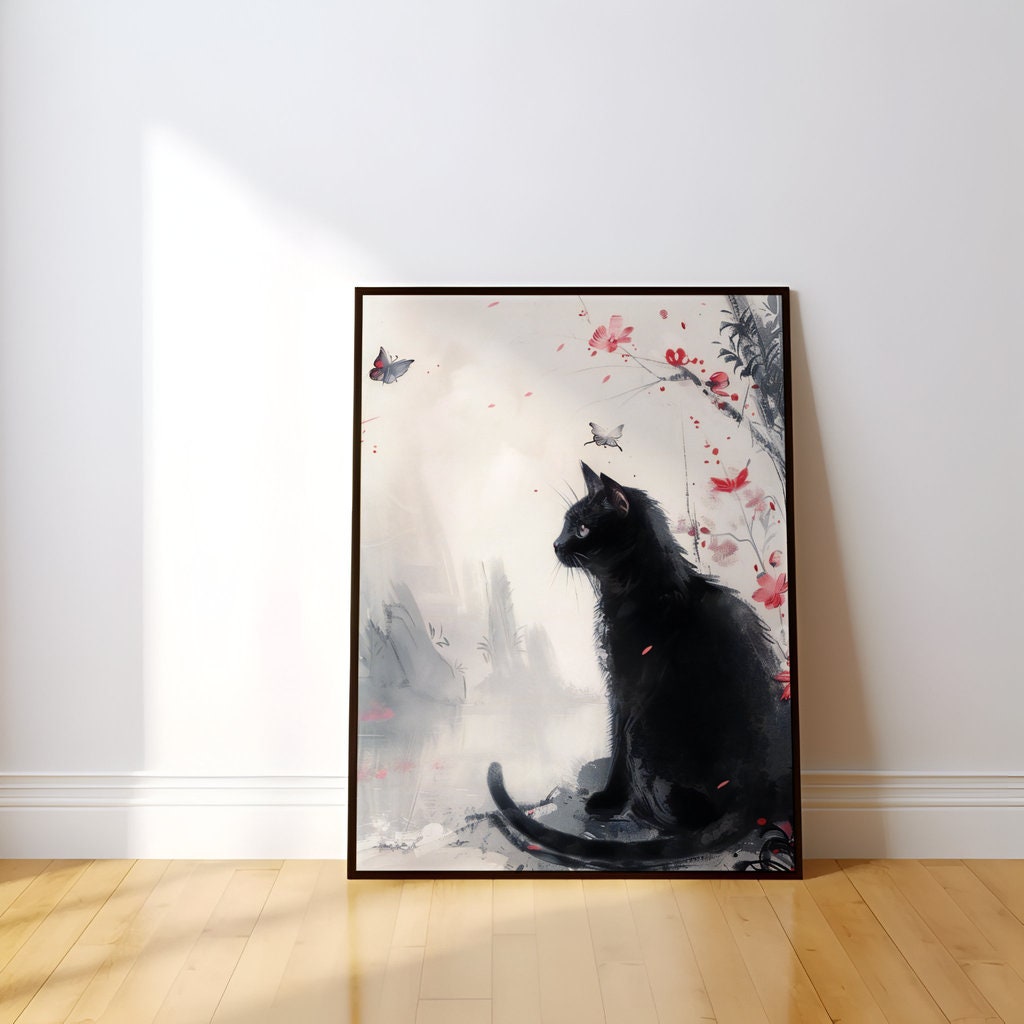 Mystical Garden Black Cat Among Misty Florals Interactive Wall Art