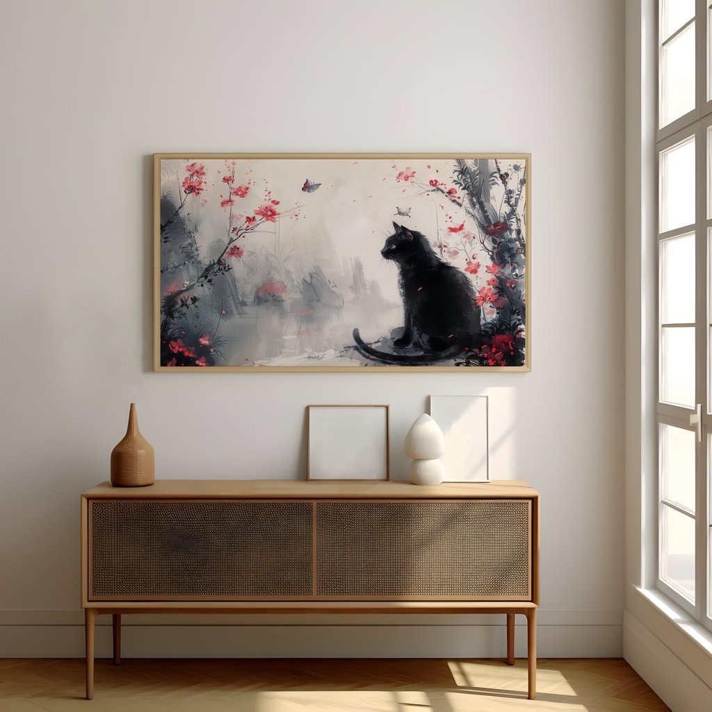 Mystical Garden Black Cat Among Misty Florals Interactive Wall Art