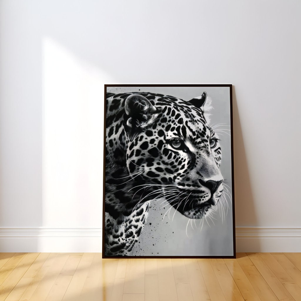 Cinematic Majesty: High-Contrast Leopard Portrait, Minimalist Art, Framed Art, Canvas, Immersive Art, QR code Live Art