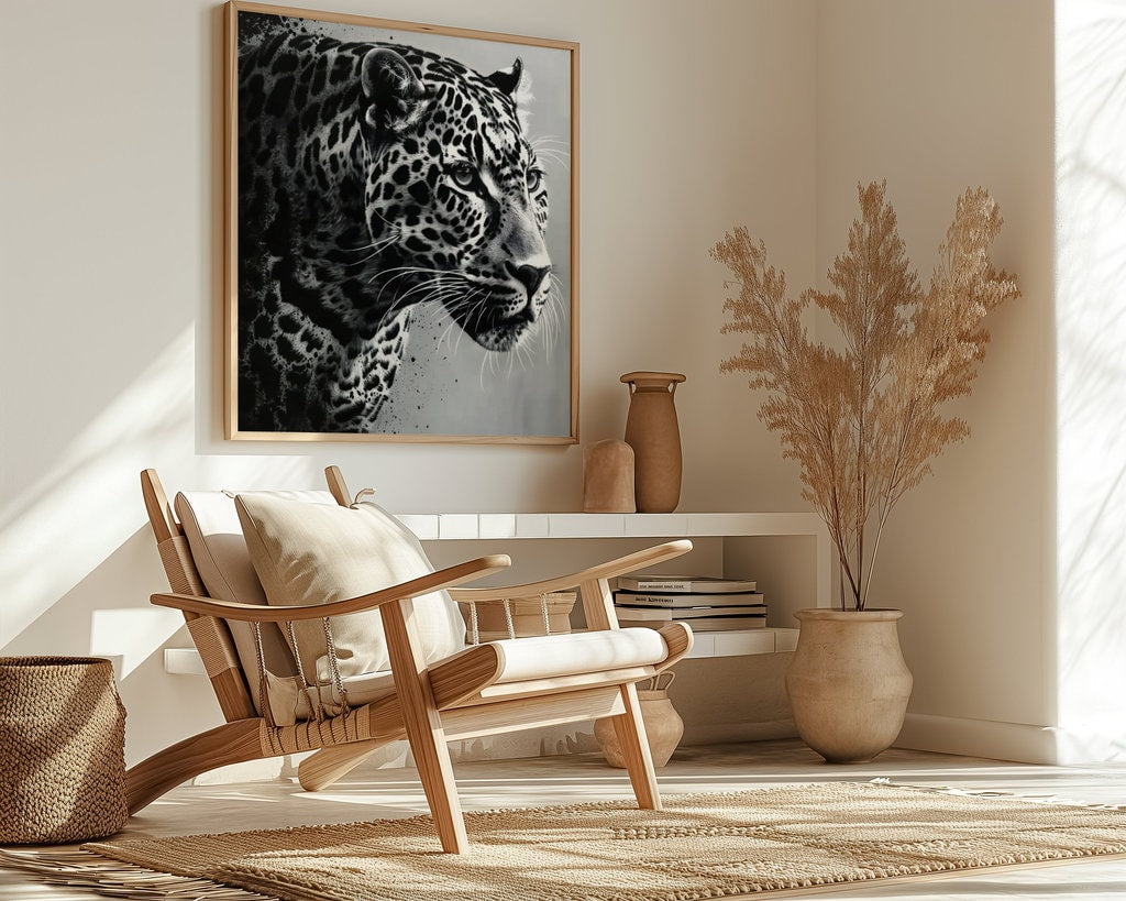 Cinematic Majesty: High-Contrast Leopard Portrait, Minimalist Art, Framed Art, Canvas, Immersive Art, QR code Live Art