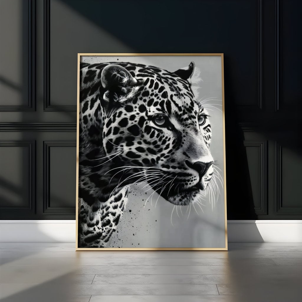 Cinematic Majesty: High-Contrast Leopard Portrait, Minimalist Art, Framed Art, Canvas, Immersive Art, QR code Live Art