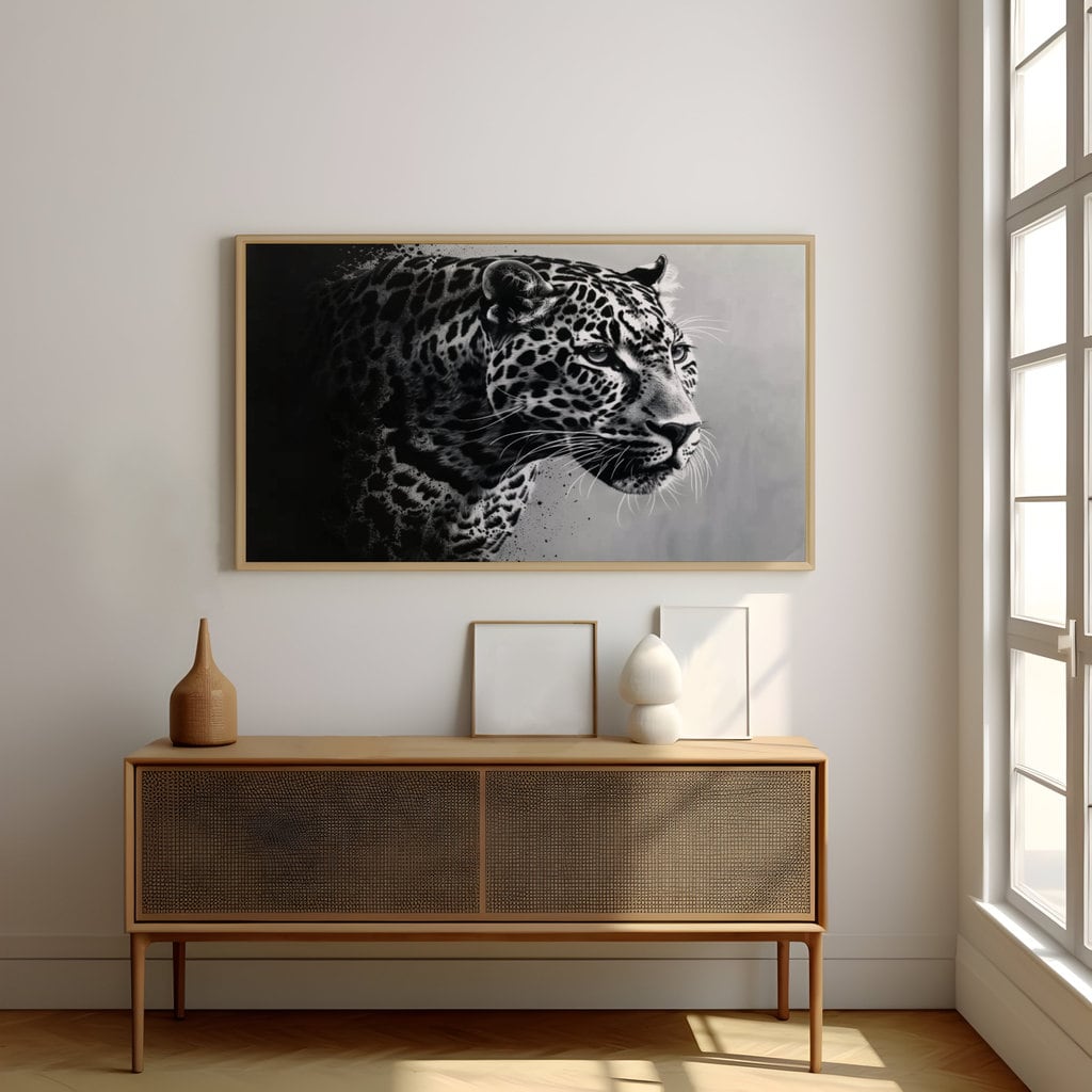 Cinematic Majesty: High-Contrast Leopard Portrait, Minimalist Art, Framed Art, Canvas, Immersive Art, QR code Live Art