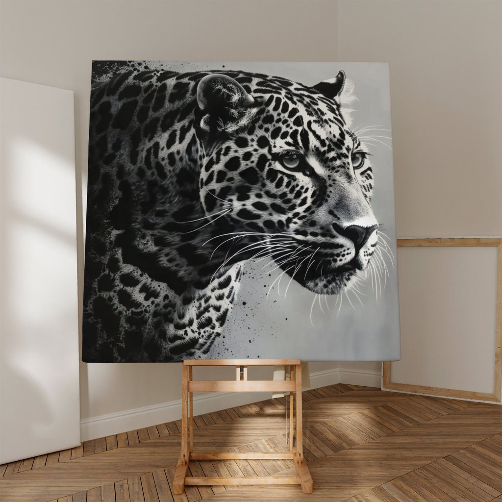 Cinematic Majesty: High-Contrast Leopard Portrait, Minimalist Art, Framed Art, Canvas, Immersive Art, QR code Live Art