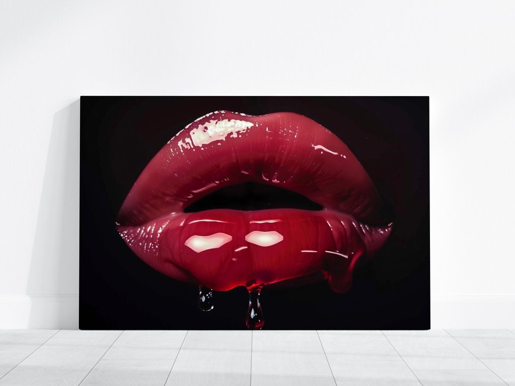 Crimson Whisper Photorealistic Red Lips, Minimalist Art, Framed Art, Canvas, Immersive Art, QR code Live Art