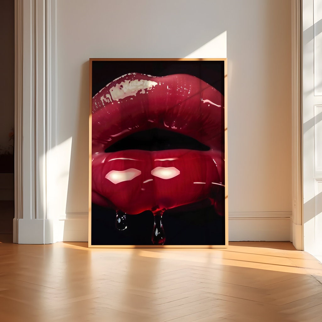 Crimson Whisper Photorealistic Red Lips, Minimalist Art, Framed Art, Canvas, Immersive Art, QR code Live Art