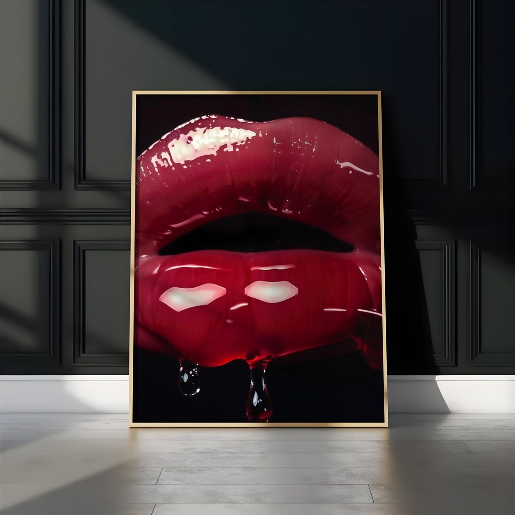 Crimson Whisper Photorealistic Red Lips, Minimalist Art, Framed Art, Canvas, Immersive Art, QR code Live Art