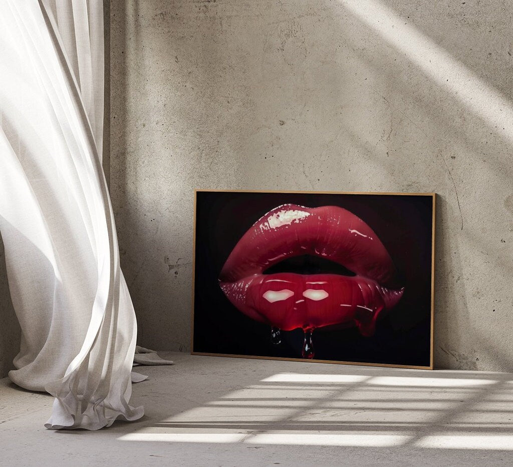 Crimson Whisper Photorealistic Red Lips, Minimalist Art, Framed Art, Canvas, Immersive Art, QR code Live Art