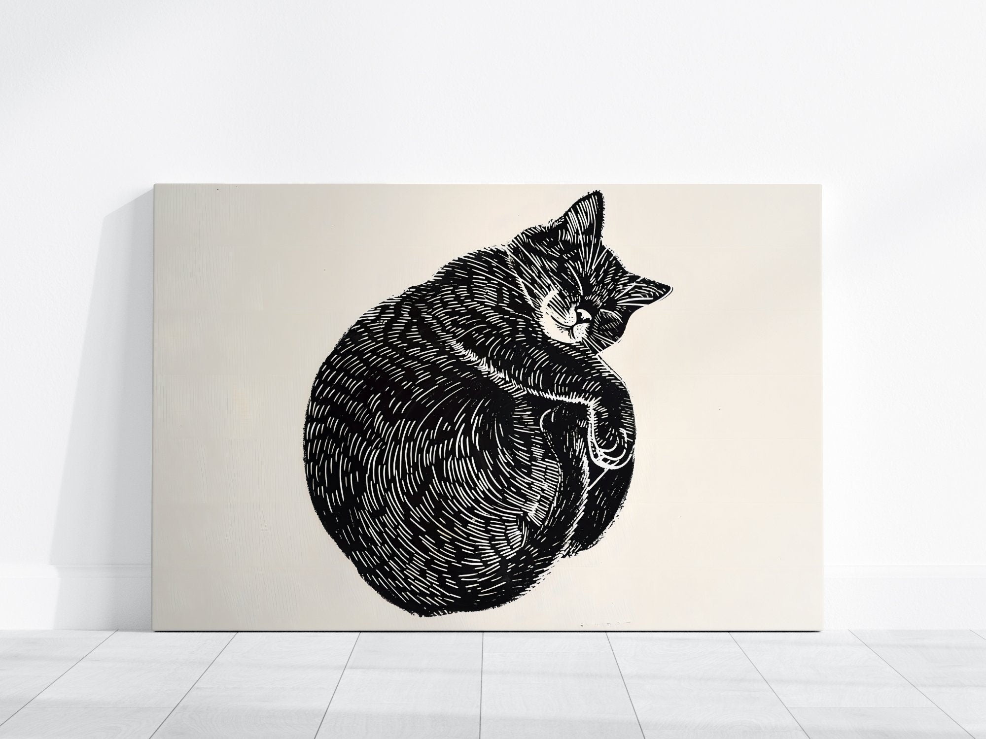 Whimsical Cat Nap Original Linocut Interactive Wall Art