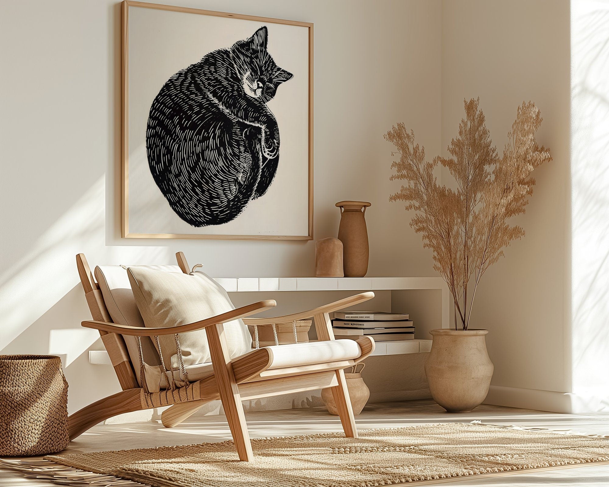 Whimsical Cat Nap Original Linocut Interactive Wall Art