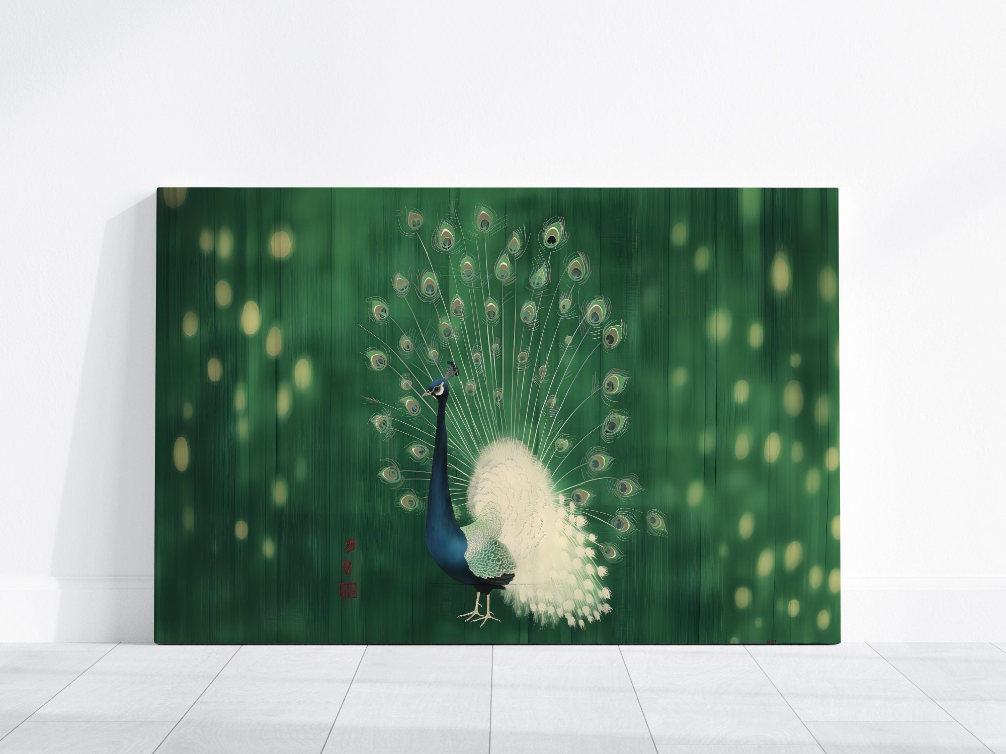 Green Peacock in Minimalist Style Japanese Line Interactive Wall Art