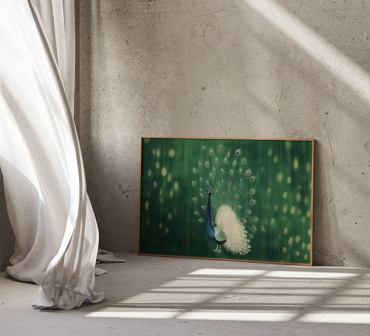 Green Peacock in Minimalist Style Japanese Line Interactive Wall Art