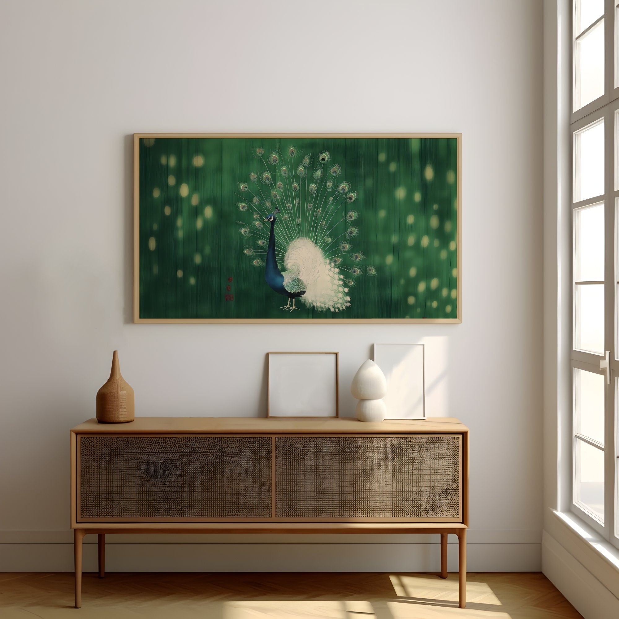 Green Peacock in Minimalist Style Japanese Line Interactive Wall Art