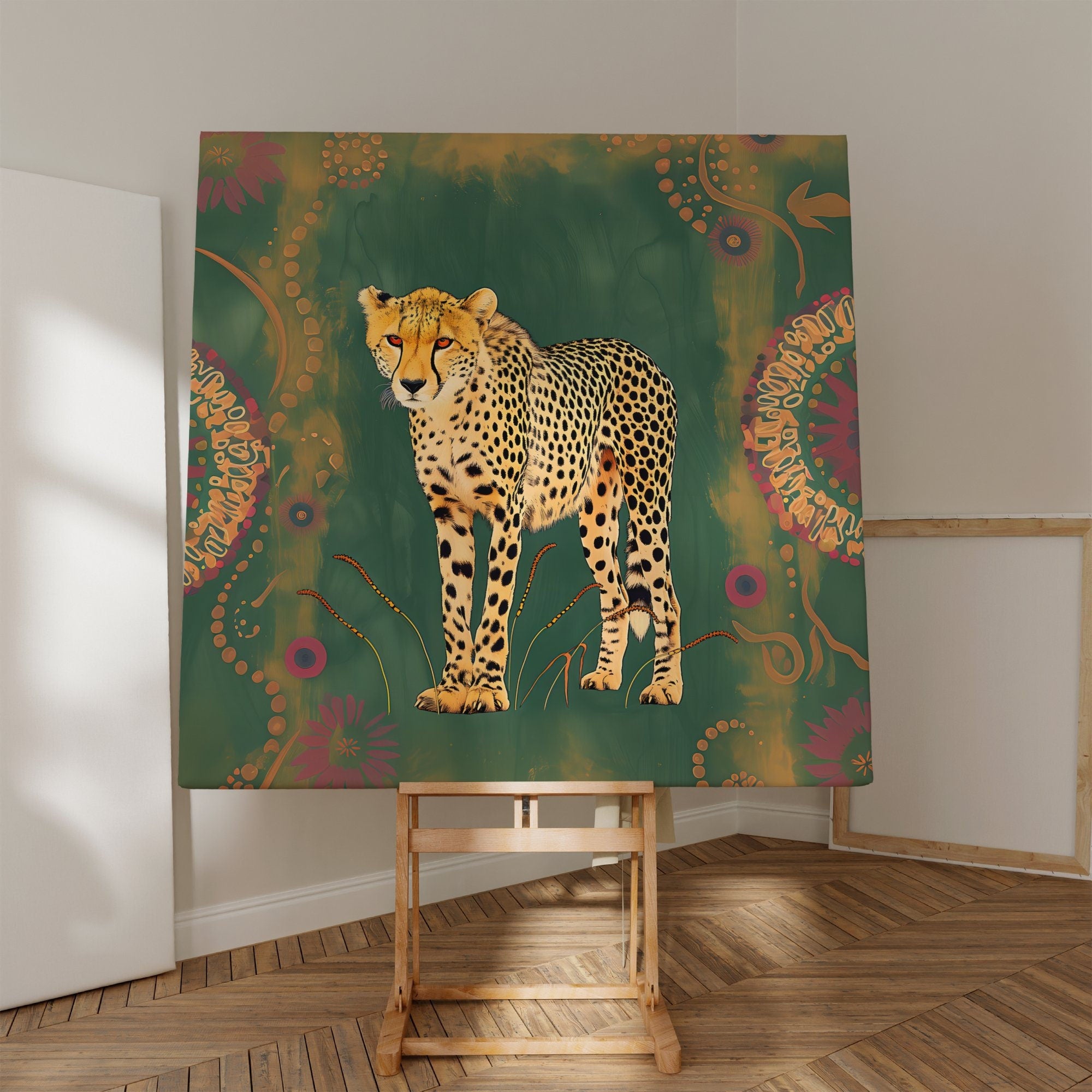 Cheetah Cats Modern Boho Art: Animal Inspired Wall Decor, Contemporary Bohemian Canvas, Chic Wildlife Print, Modern Farmhouse, Wall Art