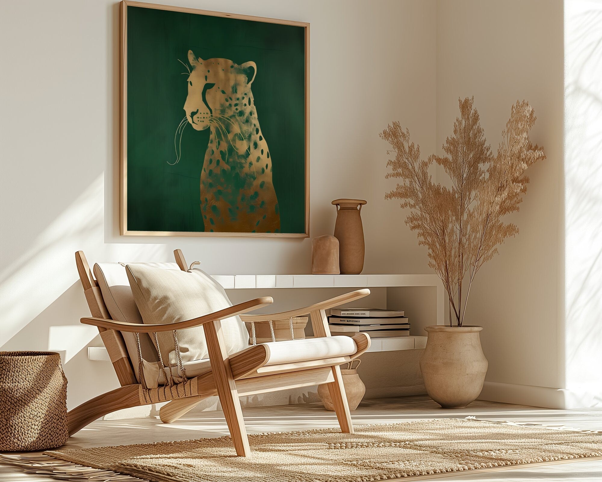 Emerald Leopard: Eclectic Green and Gold Wildlife Art | Maximalist & Chic Wall Decor