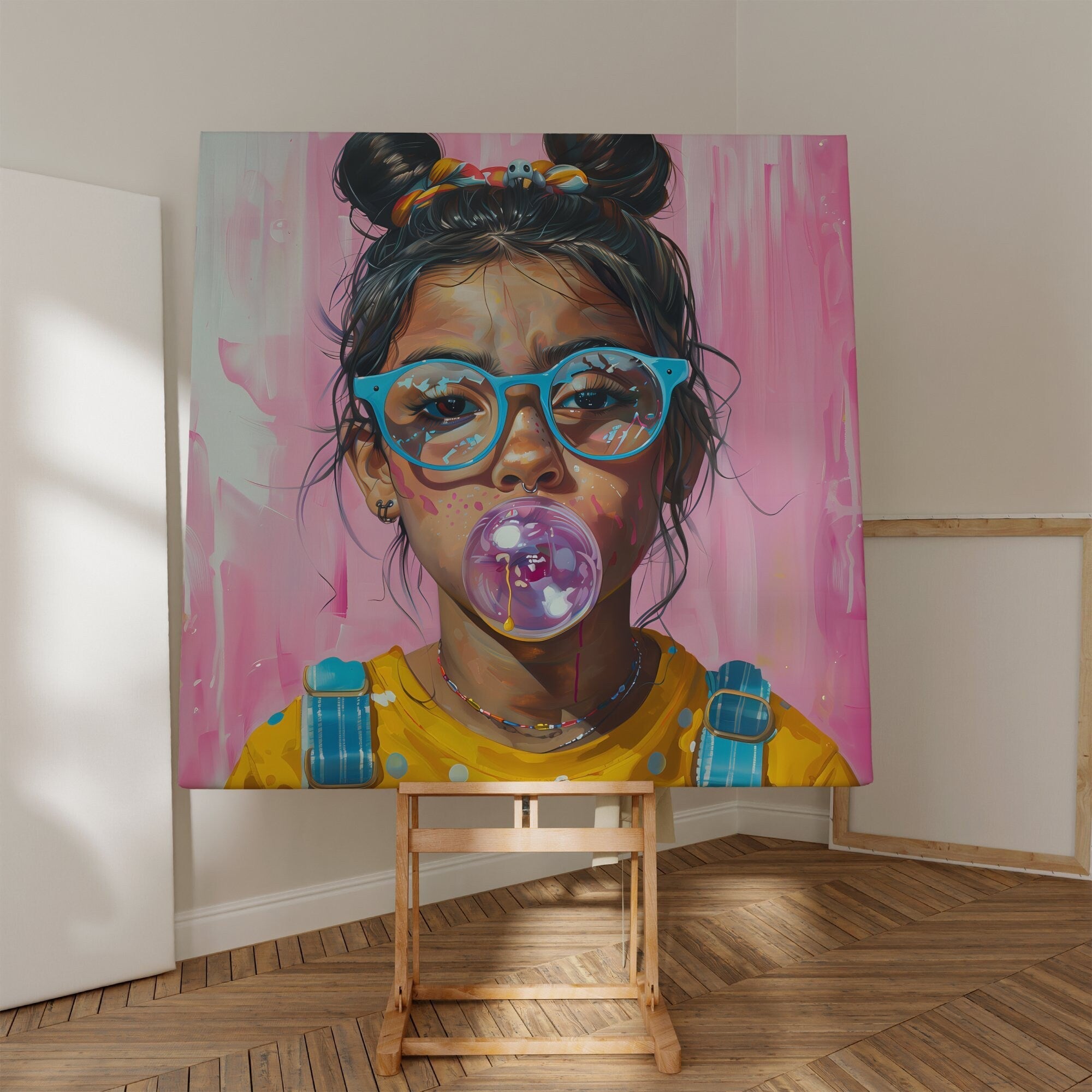 Latina Girl with Glasses Blowing Bubble Gum Interactive Wall Art