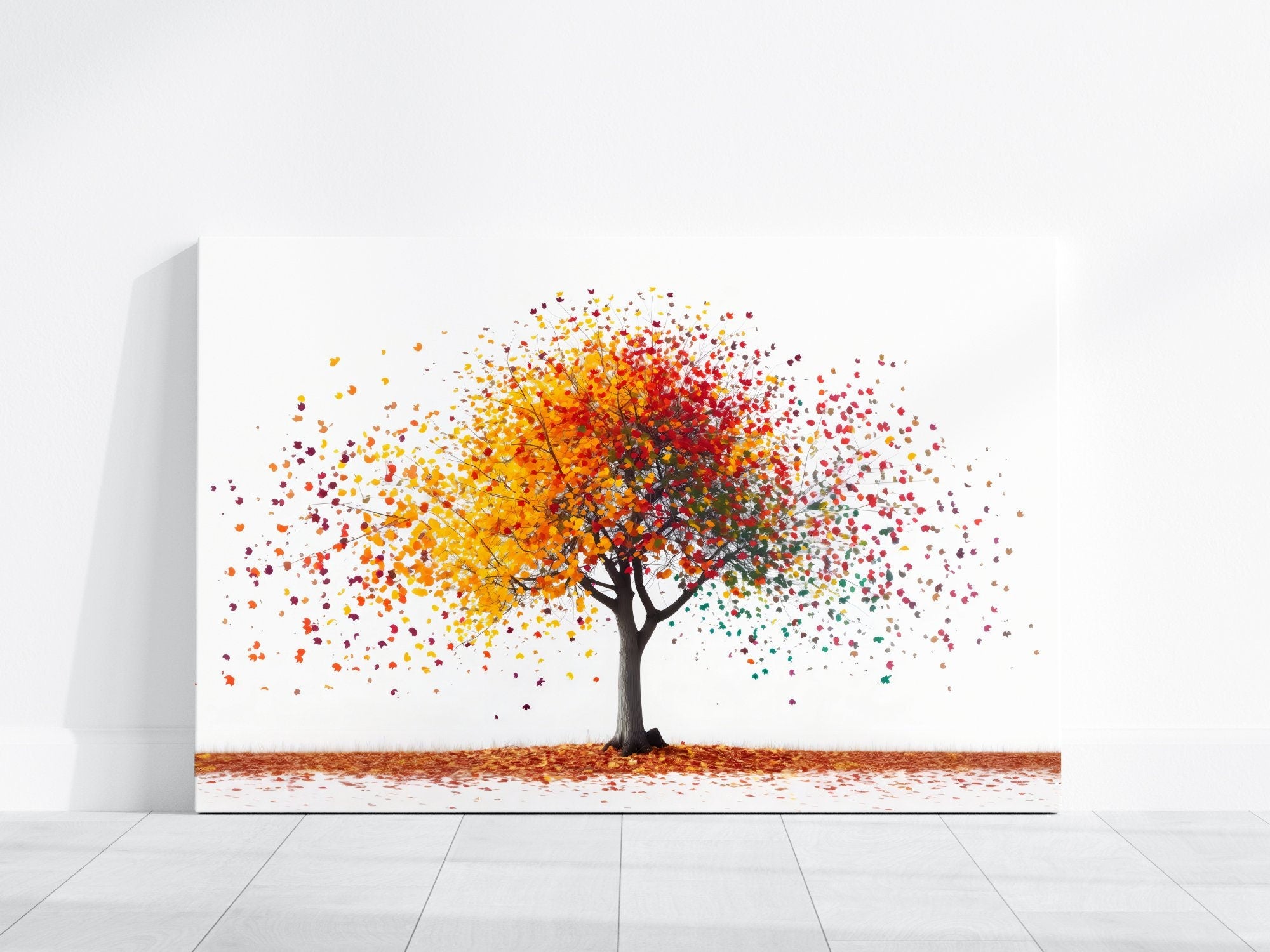 Vibrant Tree Art Colorful Leaves on White Background Interactive Wall Art