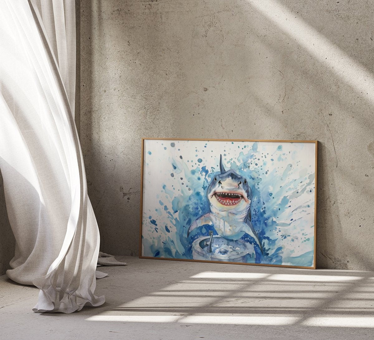 The Gentle Shark: Whimsical Shark Washing Hands Watercolor | Funny & Modern Nautical Bathroom Decor