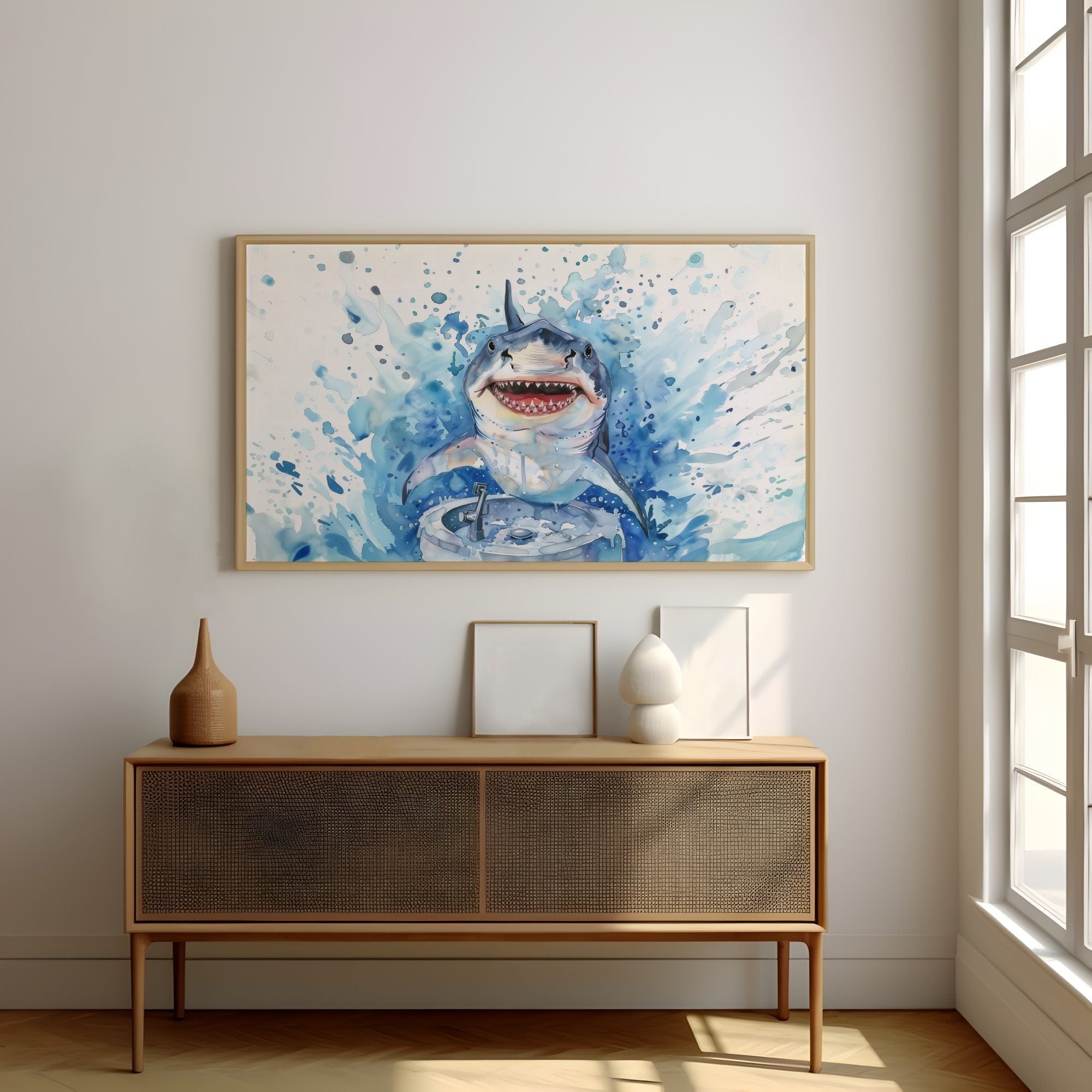 The Gentle Shark: Whimsical Shark Washing Hands Watercolor | Funny & Modern Nautical Bathroom Decor