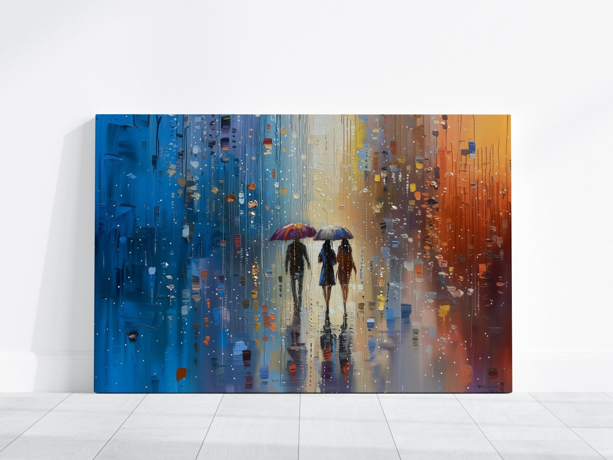 People Walking in the Rain Atmospheric Urban Scene Interactive Wall Art